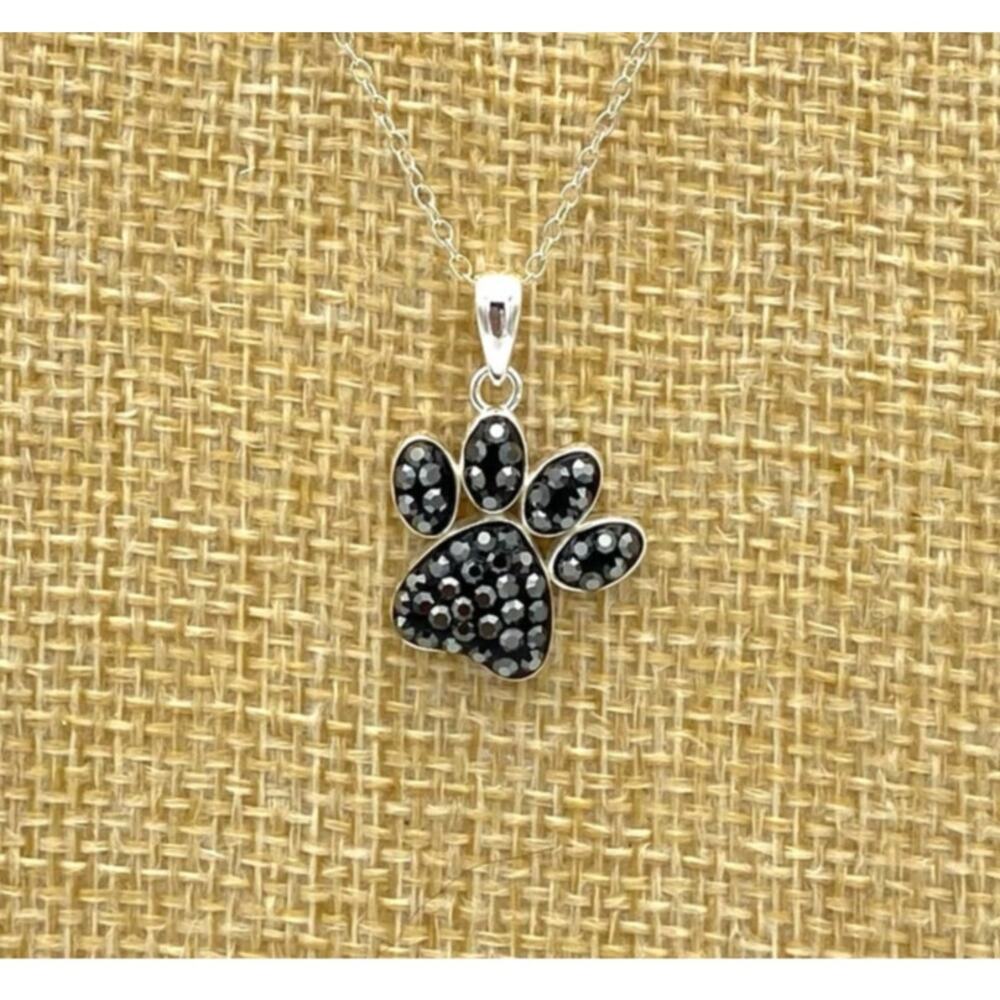 Sterling Silver Dog Paw Print Pendant with Necklace Black Cubic Zirconias